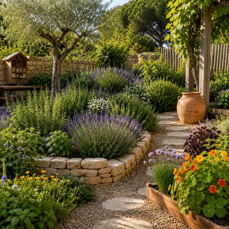 Jardin méditerranéen, avec lavande et oivlier